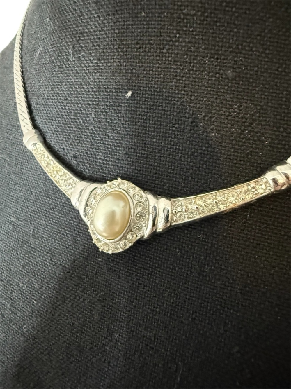 Statement Silver Toned Rhinestone Necklace Large Faux Pearl Snake Chain